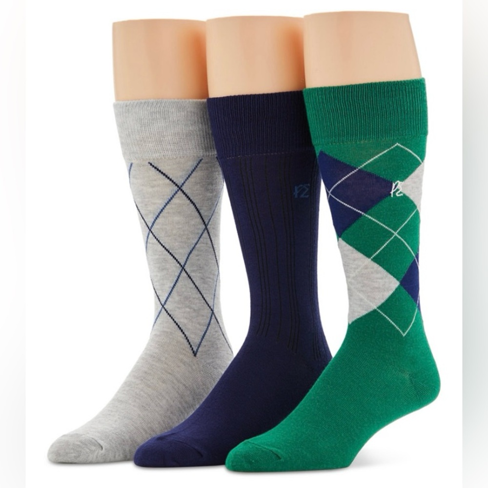 Perry Ellis Gray, Navy, and Green Dress argyle Socks 3 pack